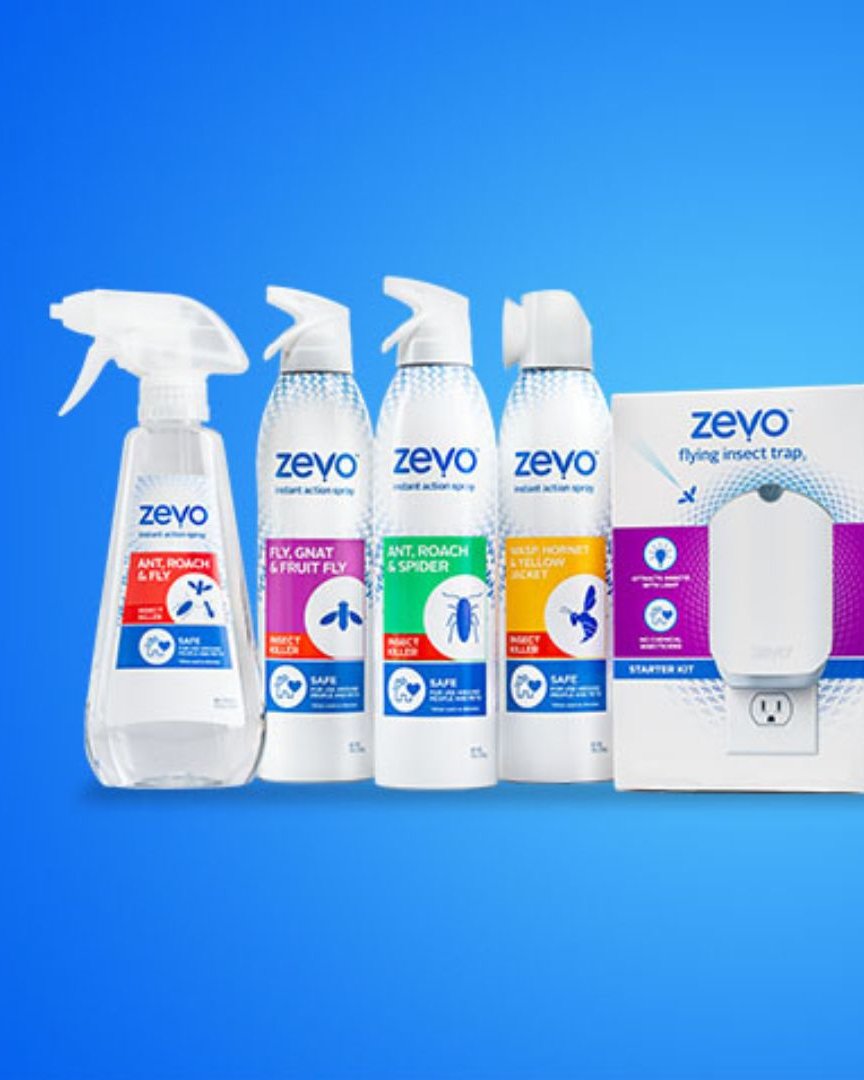The Zevo product family beside the tagline People-Friendly. Bug Deadly.