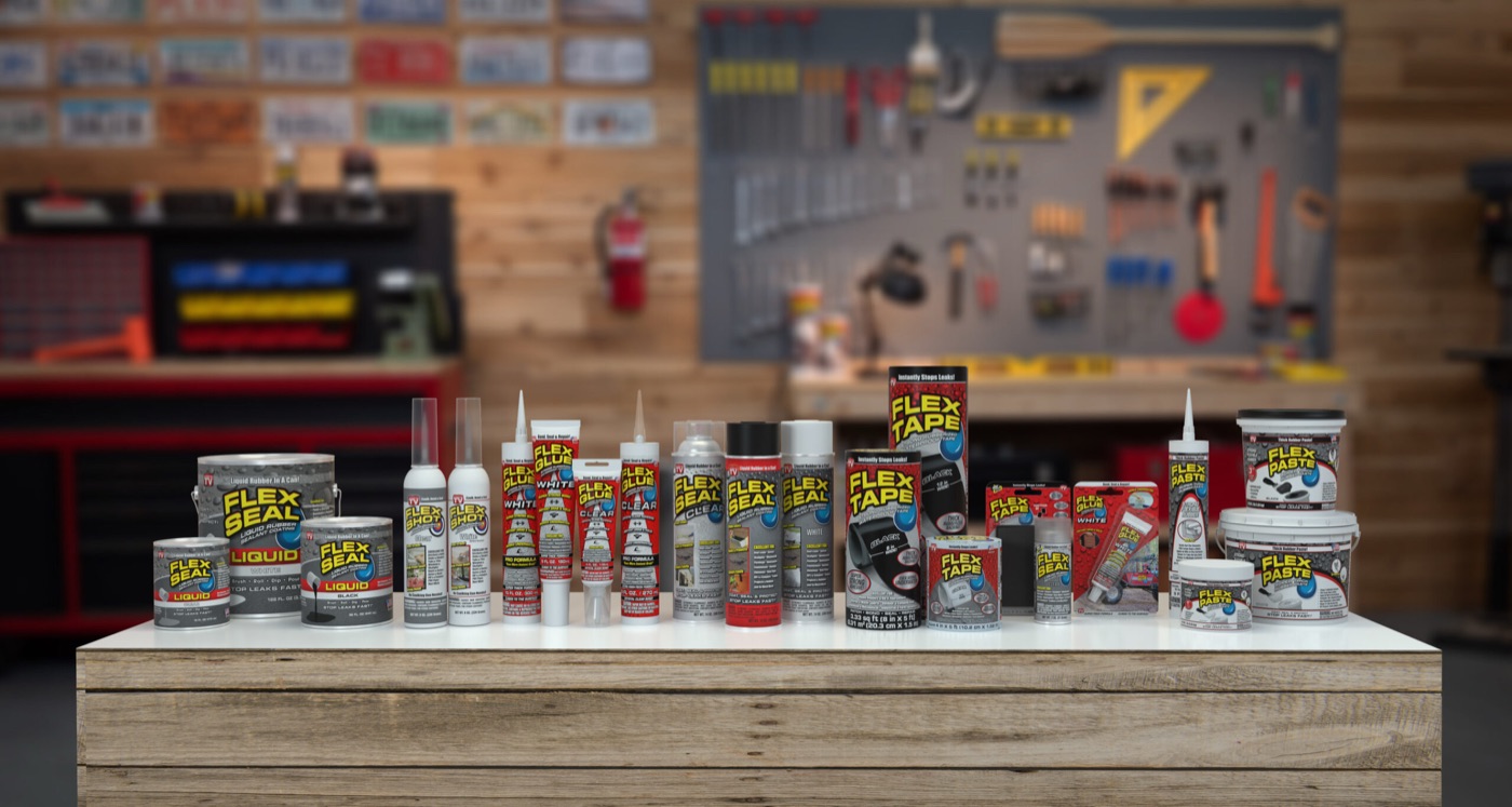 The full Flex Seal family of products lined up on a workbench