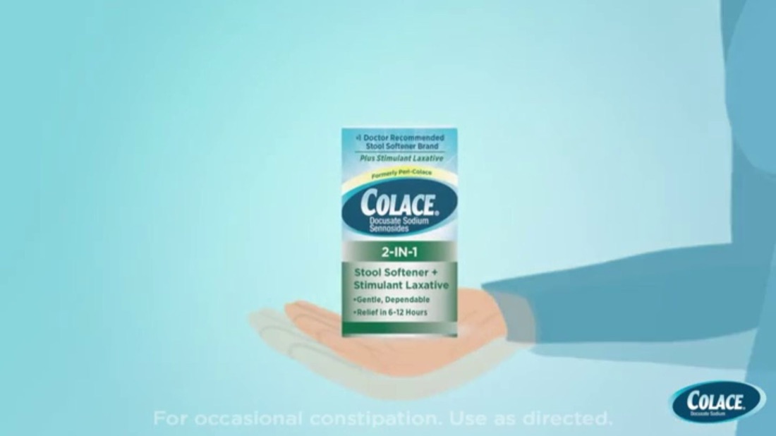Colace 2-in-1 stool softener held in a hand in a commercial still