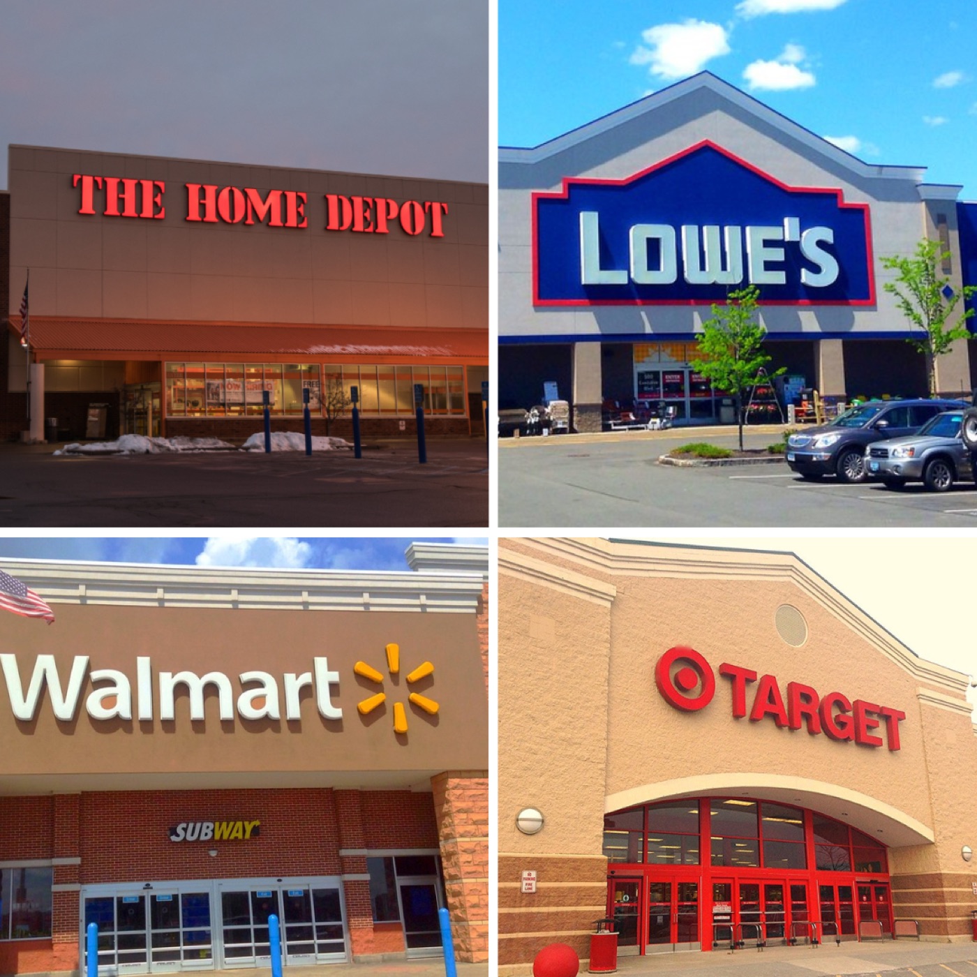 Storefronts of The Home Depot, Lowe’s, Walmart, and Target