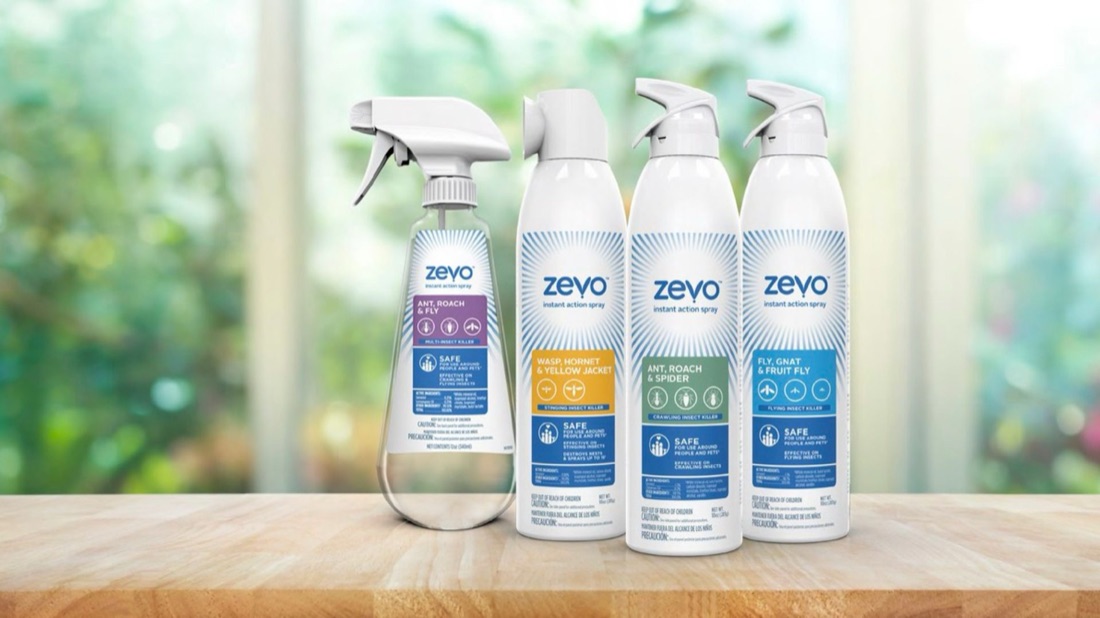Four Zevo insect control products on a kitchen counter