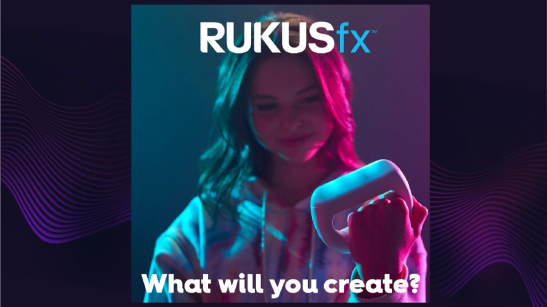 RUKUSfx ad still: a girl using the motion-controlled music mixer, asking what will you create