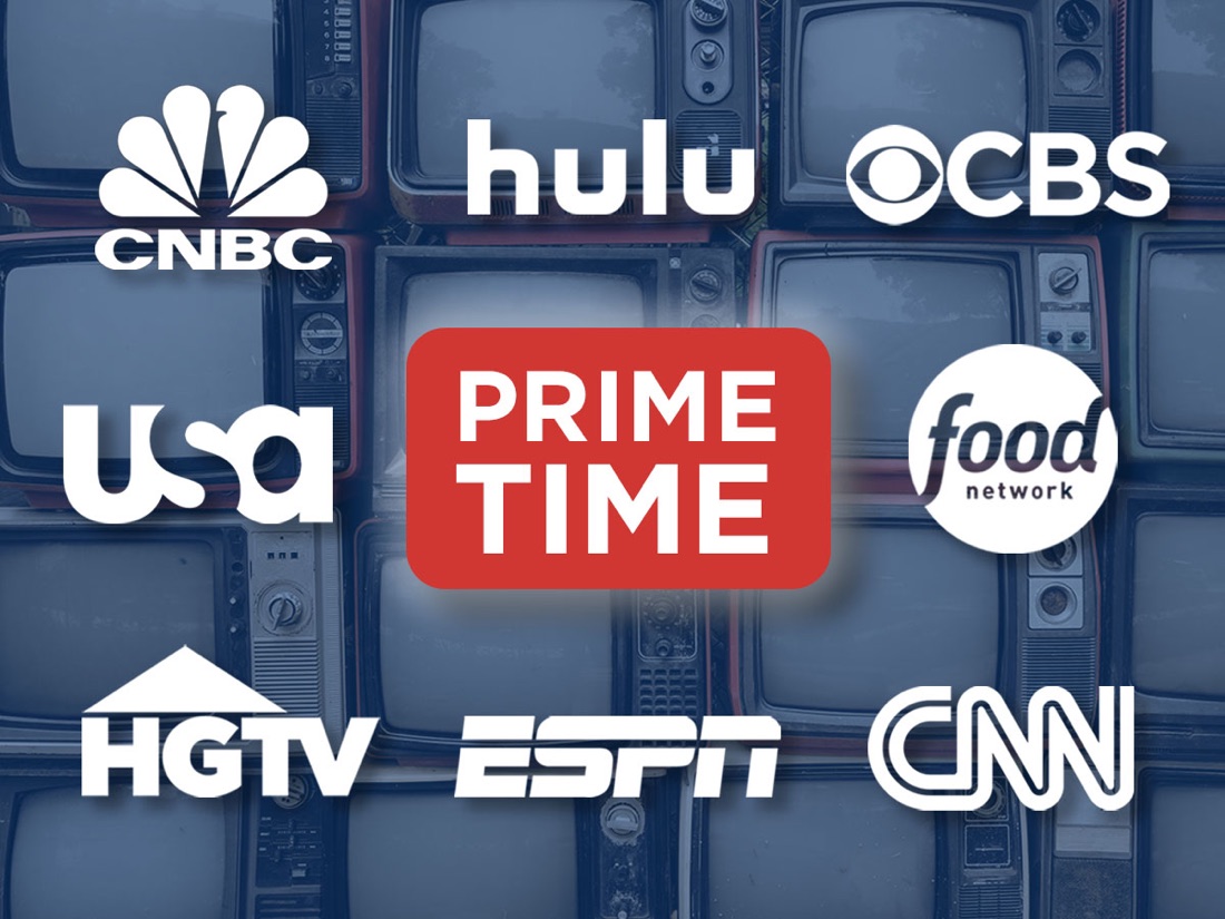 A wall of prime-time network logos: CNBC, Hulu, CBS, USA, Food Network, HGTV, ESPN, and CNN