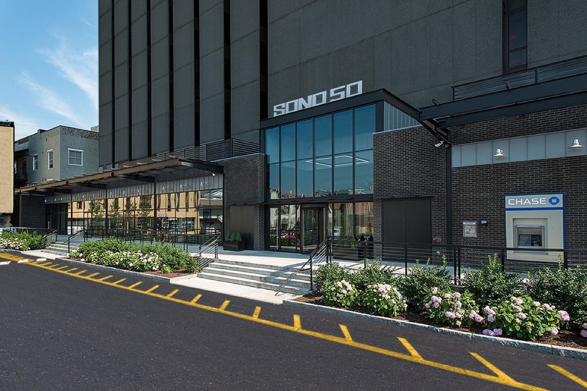 The SoNo 50 building entrance at 50 Washington Street, Norwalk